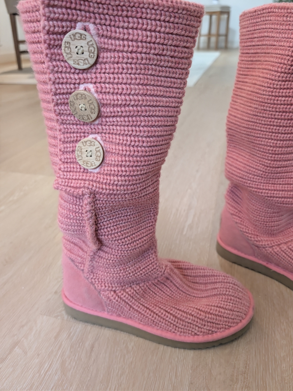 UGG Pink Classic Cardy Knit Button Slouchy Tall Boots Woman's Size 8